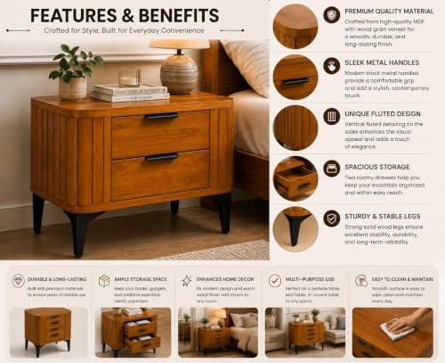 Image of Solid Sheesham Wood Bedside Table for Bedroom & Livingroom | Nightstand End Table with 2 Drawers Storage for Home | Modern & Luxury Design| (Honey Finish)