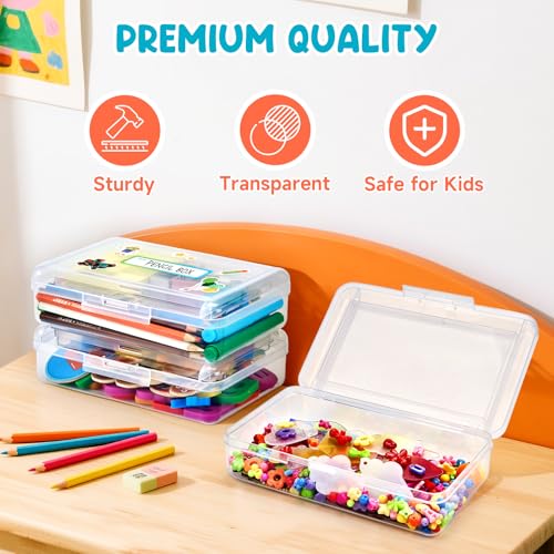 GAMENOTE Plastic Pencil Box with Personalized Sticker,Kids Large Hard Pencil Case with Snap-tight Lid,Clear Crayon Maker Organizer,Small Art Craft Storage Containers,School Supplies Box for Boys,Girls