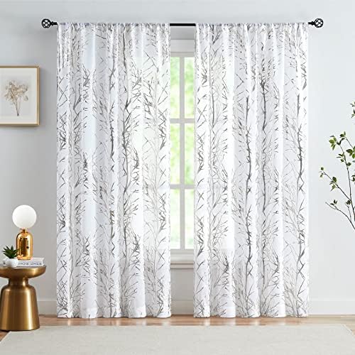 FMFUNCTEX Silver White Sheer Curtains for Living Room 84inch Metallic Tree Branch Print Curtains for Bedroom Kitchen Office Light Filtering Window Treatment Set Rod Pocket 2 Panels