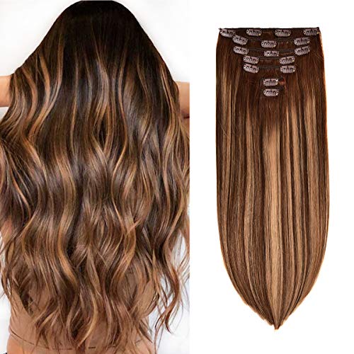Clip in Hair Extensions Real Human Hair, 120g 7pcs Clip in Hair Extensions, 14 Inch Chocolate Brown Mixed Caramel Blonde #4/27/4 Human Hair Clip in Extensions, Double Weft Thickened Silky Straight Hair Extensions Clip in Human Hair, Real Hair Extensi