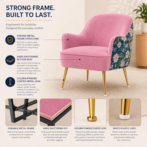 Image of Velvet Chair with Pillow for Home | Modern Accent Armchair in Soft Velvet Fabric with Golden Legs | Premium Accent Chair for Living Room Bedroom Restaurent | (Pink, Big Zara)