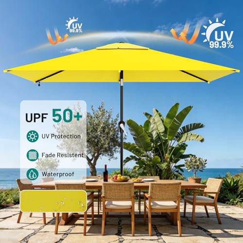 Image of AreShark 6.5' x 10' Rectangular Patio Umbrella with Solar Lights, Solar Powered Lighted Market Umbrella w /Tilt and Crank, Outdoor Table Umbrella for Garden, Deck, Backyard, Pool and Beach, Yellow