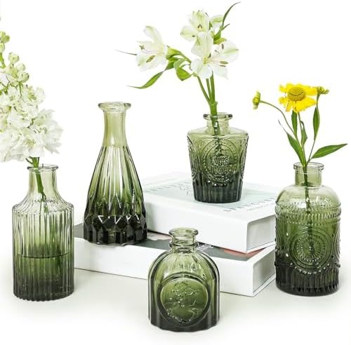 Set of 5 Glass Vases Small Green Vases for Centerpieces Bulk Vintage Mini Vase for Rustic Weddings Home Table Decor