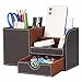 KINGFOM Wooden Struction Leather Multi-function Desk Stationery Organizer Storage Box Pen/Pencil,Cell phone, Business Name Cards Remote Control Holder with Small Drawer Brown