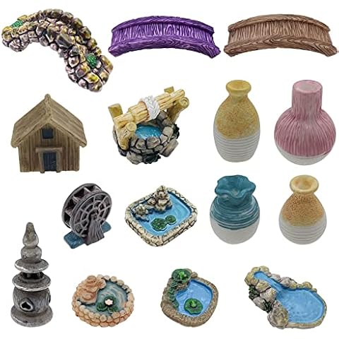 Cayway 16 Pieces Fairy Garden Accessories, Miniature Garden Bridge Figurines, Mini vase, Water Well, Miniature Pond, for DIY Craft Garden Decoration Cover