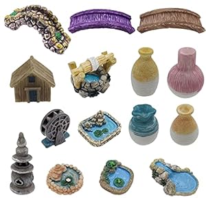Cayway 16 stuks Fairy Garden Accessoires, Miniatuur Tuin Bridge Beeldjes, Mini vaas, Waterput, Miniatuur Vijver, voor DIY Craft Tuin Decoratie