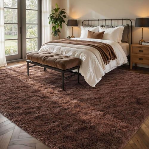 Coffee Brown 6x9 ft Fluffy Rug for Living Room,Fur Bedroom Area Rugs Non-Slip,Carpet for Nursery Kids PlayRoom Indoor Modern Plush Carpets