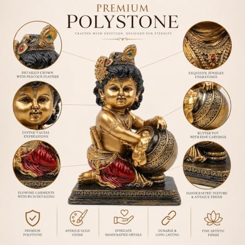 Image of ARMONIA Krishna Makhan Chor Idol - 8.2 Inch Ploystone Kanha Ji Murti with Antique Finish | Statue for Home Decor, Living Room & Pooja Mandir | Office Desk Showpiece |Gift for Wedding & Housewarming
