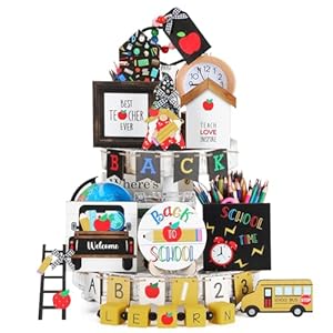 Mifoci 21 Pcs Back to School Tiered Tray Decor Set Fun Appreciation Wood Signs Decorative Wooden School Bus Table Centerpiece for First Day of School Classroom Table Decor
