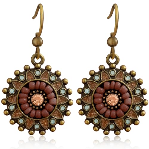 Bohemian Vintage Copper Enamel Bead Sunflower Disc Lightweight Dangle Drop Earrings Handmade Daisy Hook Earrings For Women Jewelry Gifts