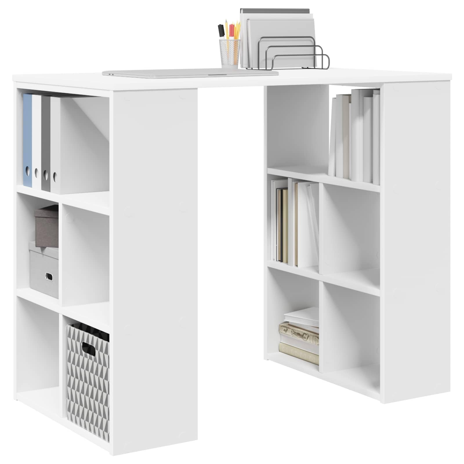 Scrivania Porta PC in Legno Ingegnerizzato Bianco 90x50x75 cm | Tavolo da lavoro compatto per ufficio o camera da letto, dotato di scaffali salvaspazio integrati.