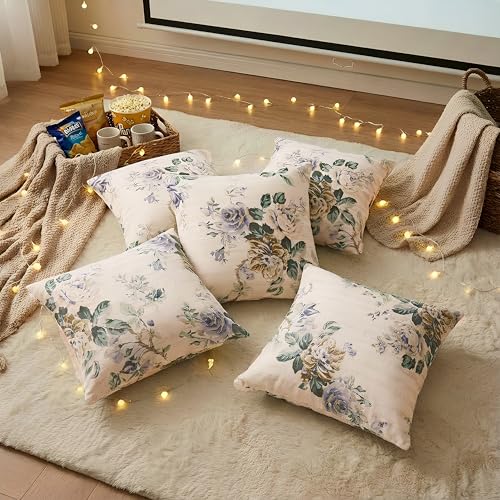 Image of Clasiko Cotton Cushion Covers 22x22 - Set of 5 Decorative Cushion Covers, Lilac Fleur, Soft Cotton, Hidden Zip, Sofa & Bedroom Decor