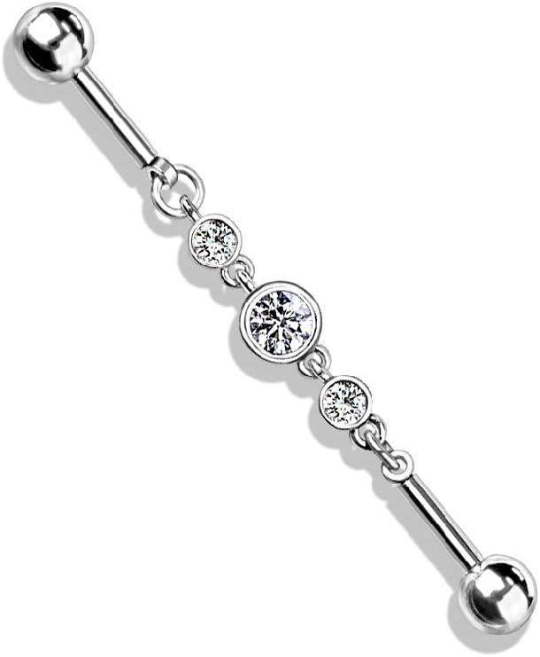 Pierced Owl 14GA 316L Stainless Steel Triple CZ Chain Industrial Barbell
