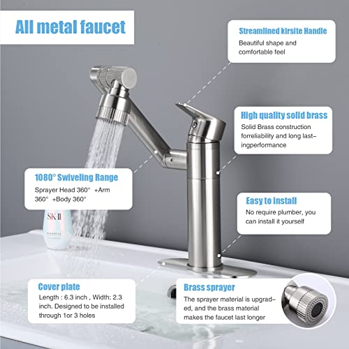 Huahualala 1080 Degree Swivel Faucet For Bathroom Sink,Kitchen Faucet With Big Angle Rotate Spray Dual Function,Single Handle Vanity Faucet With Deck Plate,Lavatory Faucet,1 Or 3 Hole Brushed Nickel #TOP4