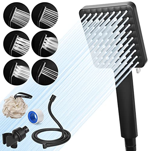 Handheld,Rain Black Square shower head with Hose,High Pressure 6 Spray Settings Rainfall Detachable shower heads Set with 59" Stainless Steel Hose/Bracket/Shower Loofahs/Tape Handheld,Rain Black Square shower head with Hose,High Pressure 6 Spray Settings Rainfall Detachable shower heads Set with 59" Stainless Steel Hose/Bracket/Shower Loofahs/Tape