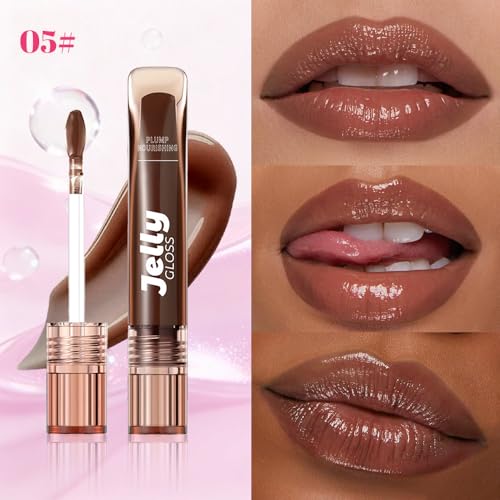 Image of WanTuoluo Jelly Lip Gloss, Soft Lip Tint, Instantly creates a Sheer Glass-like Shine, Cool Blue Red Rose Mocha Bean Chocolate Brown Colors, Smoothing, Moisturizing, Plump and Hydrated (B05)