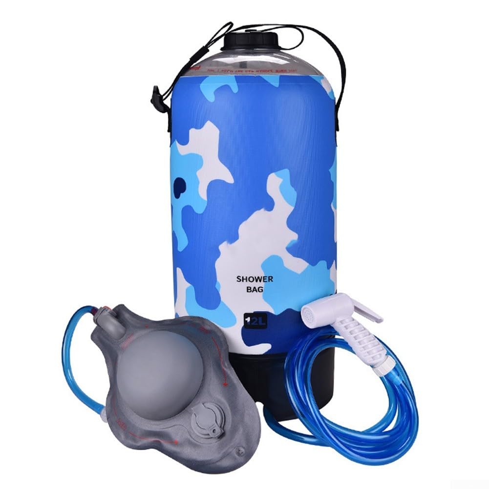 Bolsa de ducha portátil de camping de 12 L con bomba de pie, ducha plegable de PVC 500D para senderismo, playa, lavado de coche, manguera de 200 cm, kit de baño con calefacción solar