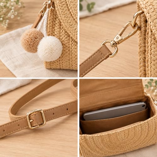 Image of Women Straw Crossbody Handbag, 10.63 x 7.87in, Detachable Strap