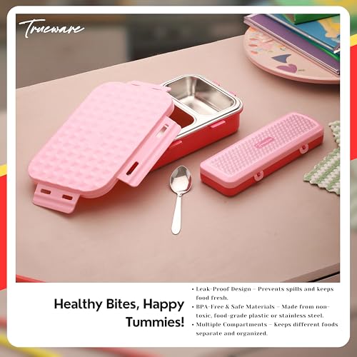 Image of Trueware Crest Lunch Box 2 Compartment Leak-Proof BPA Free Stainless Steel, Lunch Box for Kids, Lunch Box for School & Office with a Spoon, 580 ML (LBK-Crest-Pink BAZ)