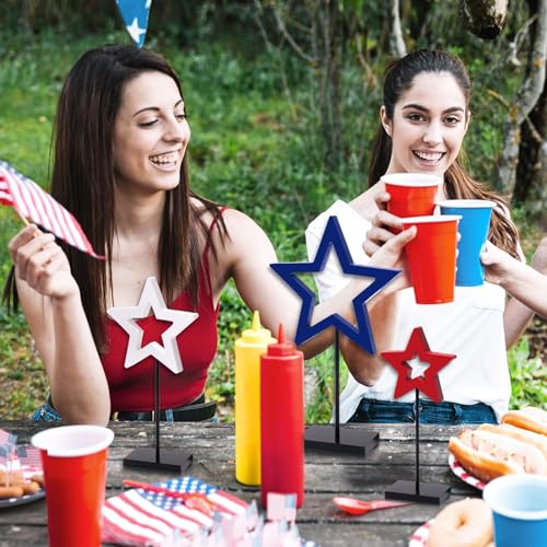 Image of 4th of July Patriotic Table Decoration 3 Pcs Wooden Star Tabletop Tray Decor Star Freestanding Table Wooden Signs for Independence Day Home Party Supplies