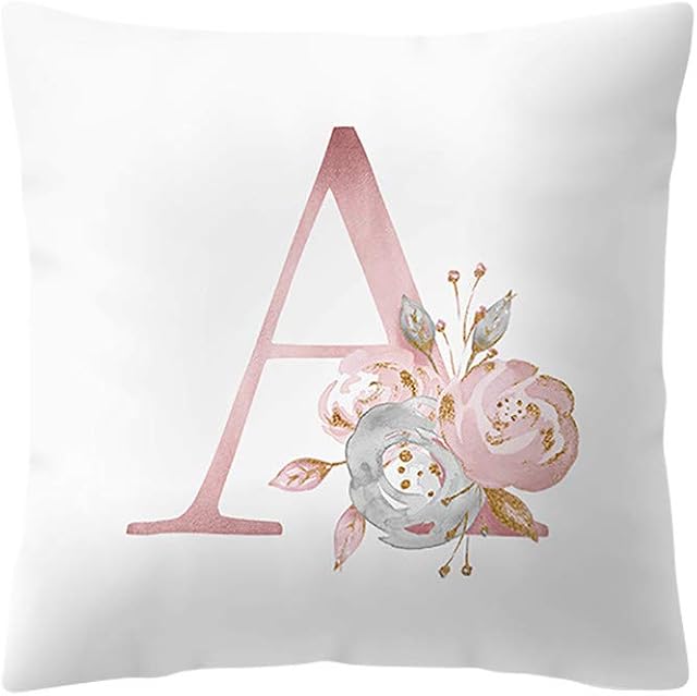 Watopi Pink Soft Pillowcase, Alphabet Letter Cushion Cover, Personalised Floral Print Throw Pillow Cover, 45 x 45cm 1 PC, for Bed Sofa Home Décor, (A)