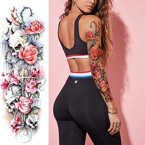 Flower Skull Sleeve Tattoos Stickers, Full Arm Halloween Skull Temporary Tattoos Sleeves, Fake Watercolor Flower Body Art Arm Tattoo For Adult Kids Women Makeup, 8-Sheet #TOP1