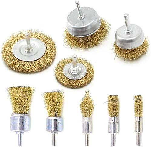 9Pcs Brass Coated Wire Brush Wheel & Cup Brush Set with 1/4-Inch Shank,Coated Wire Drill Brush Set Perfect for Removal of Rust/Corrosion/Paint - Reduced Wire Breakage and Longer Life