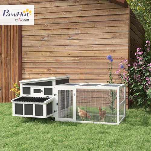 Image of PawHut Wooden Chicken Coop, Chicken Tractor with Large Run for 6 Chickens, Outdoor Poultry Cage Rabbit Hutch Duck Coop Hen House with Nesting Box, Tray, Windows, Dark Gray