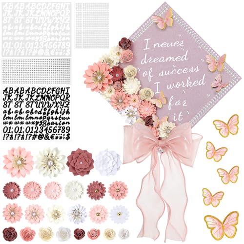MotiMind 46 Pcs DIY Graduation Cap Decorations Kit Included Paper Flowers 3D Butterfly Stickers Rhinestone Letter Pearl Stickers Mesh Ribbon Bow for DIY Grad Cap Decor(Pink)