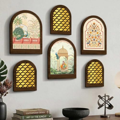 Image of MDF Jharokha Wall Mirror for Home Decor | Traditional Decorative Wall Hanging Jharokha Mirror | Premium Mirrors for Living Room Bedroom Set of 6 (9x12 inch & 7.5x9.5 inch)