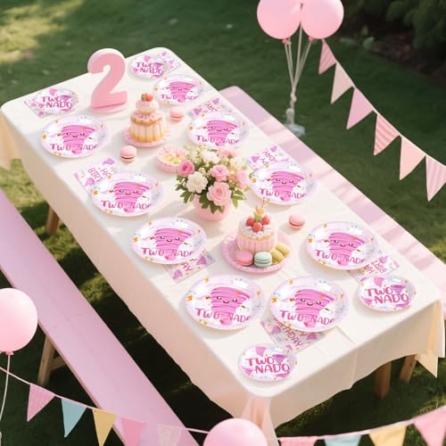 Image of Grencian 96Pcs Two Birthday Party Decorations for Girls Serves 24 | Pink Nado 2nd Birthday Plates and Napkins Tornado Two Year Old Decorations for for 2 Year Old Party Supplies Serves 24