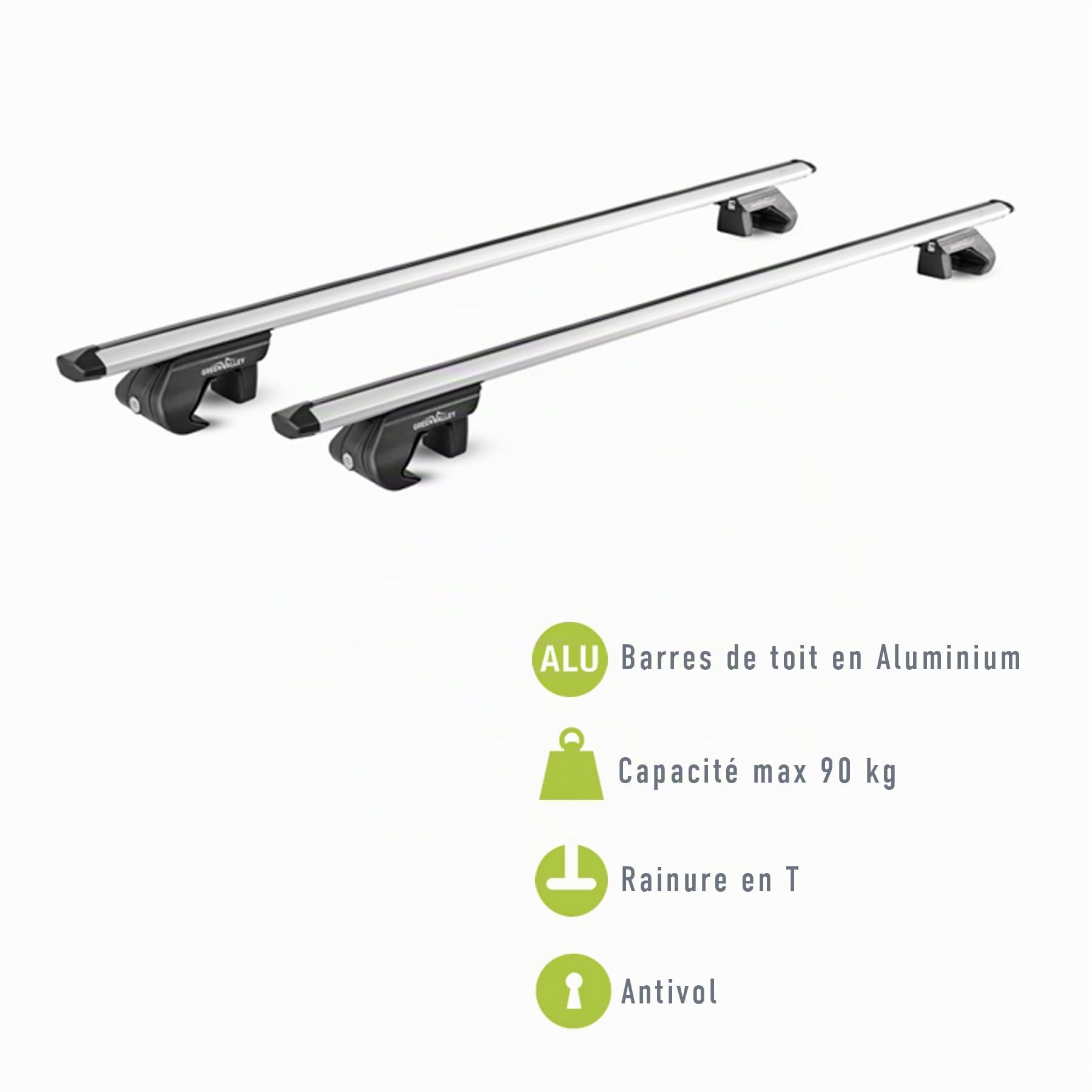 Green Valley – 2 Barres de Toit Aluminium Trax 120 cm – Véhicules avec Barres longitudinales Standard Railing Ouvert - Capacité 90 kg