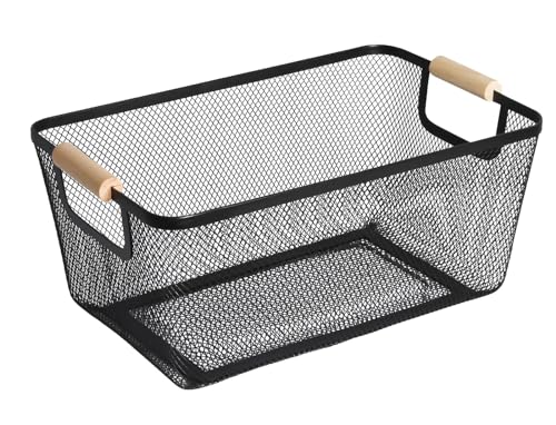 AJIODA Metal Mesh Steel Basket, Large Wire Storage Organizer Basket Multi-function Hanging Kitchen Baskets with Wood Handle for Kitchen Bathroom Picnic Home, Rectangle-Black