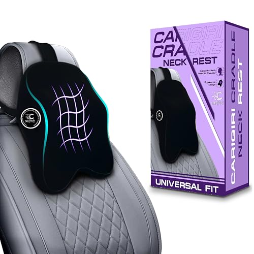 Image of Carigiri Cradle Car Neck Rest Cushion|1 Year Warranty| Memory Foam Neck Pillow| Seat Headrest Cushion| Car Neck Pillow for Neck Pain Relief in Office, Driving(Large+,Black,Black Hemming,Pack of 1)