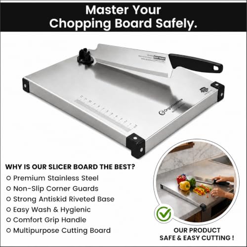 Image of Black Cut & Chop Stainless Steel Chopping Board with Knife | Rust Proof Chopping Board | Food Grade Steel Cutting Board | Heavy Duty Kitchen Cut and Chop Board with Rotary Knife Lock