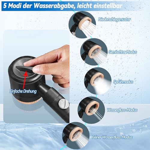 Yeelan Duschkopf Wassersparend Mit 5 Wassermodi, Filter, Schlauch 1.5m, Handbrause Mit Reinigender Massagefunktion