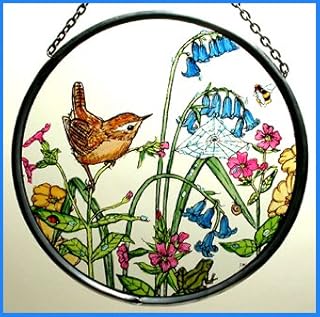 Decorative Hand Printed Stained Glass Window Sun Catcher/Roundel in a Wren and Bluebells Design.