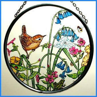 Decorative Hand Printed Stained Glass Window Sun Catcher/Roundel in a Wren and Bluebells Design.