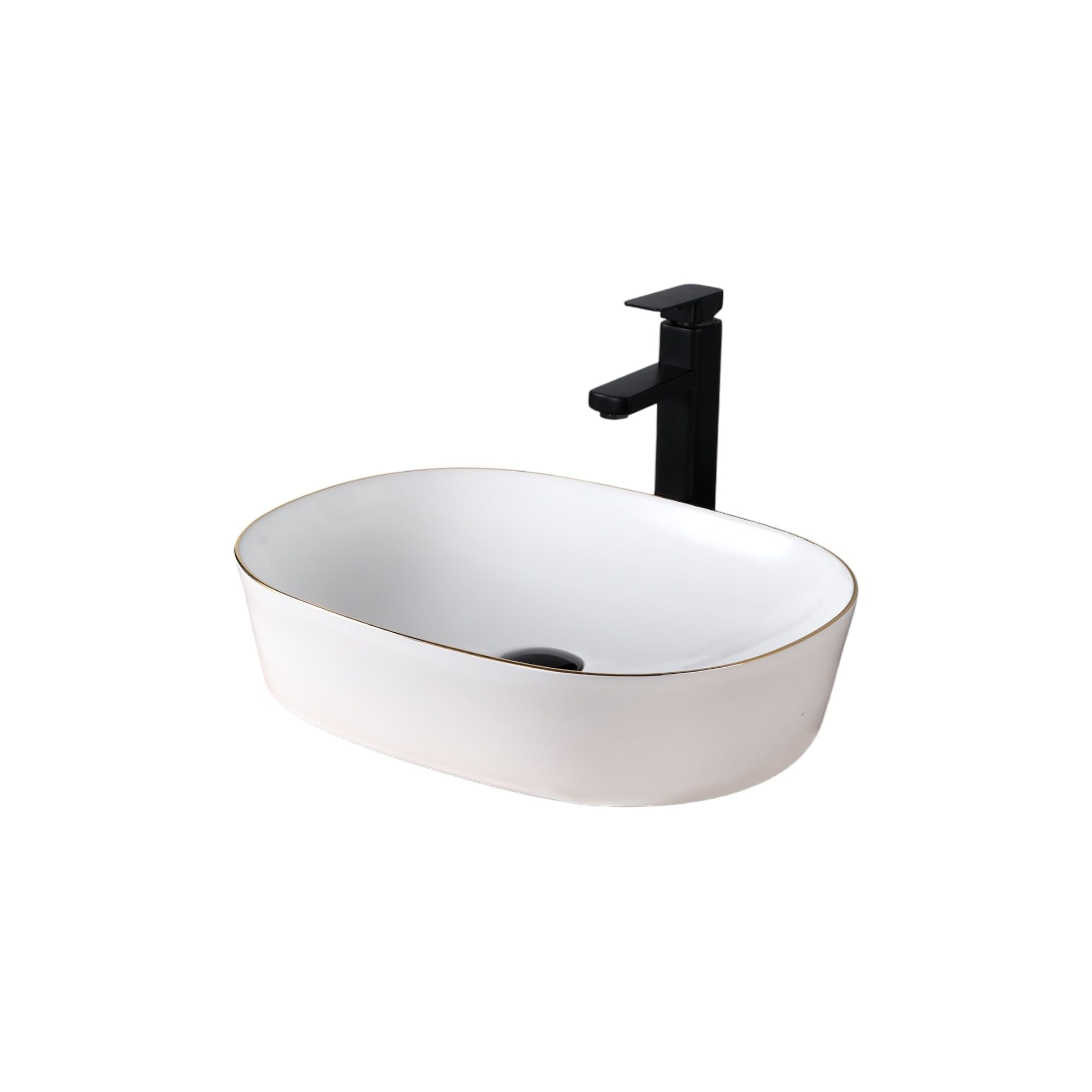 Vasque à Poser Ronde Ovale Blanche avec Liseré Doré - Lavabo Élégant en Céramique - Design pour Salle de Bain Moderne ou Industrielle - Idéal pour Plan de Travail ou Meuble Suspendu