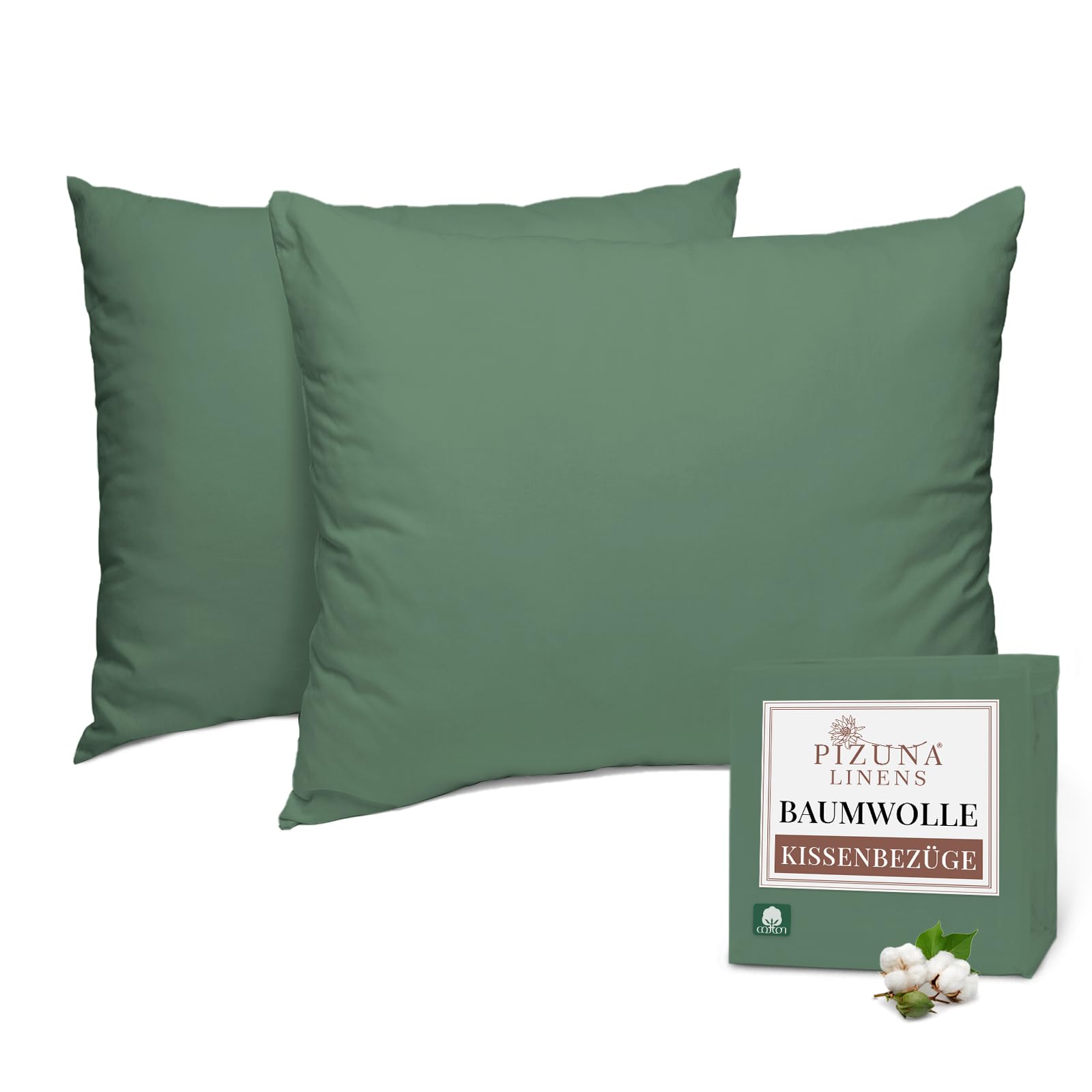 Pizuna Baumwolle kissenbezüge 70x90 Packung mit 2 Hecke Grün, 400er Fadenzahl 100% langstapeliger Baumwolle Kissenbezug aus weichem Satin (Hecke Grün Kissenbezüge Set 70x90) Mako Satin