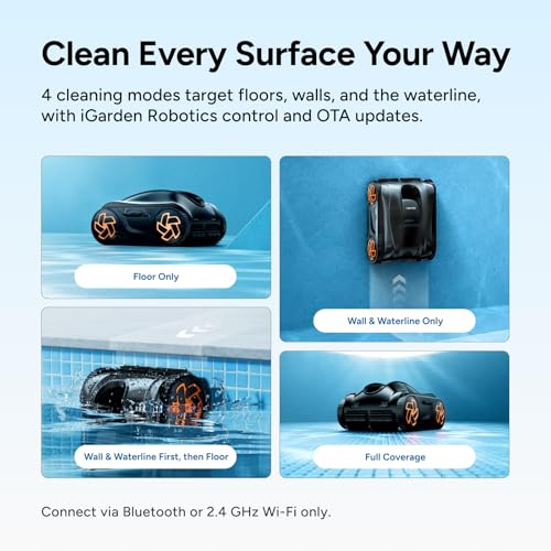 Image of iGarden Robotic Pool Cleaner, Cordless Pool Vacuum for All Pool Shapes, 4H Runtime, Intelligent Navigation & AI Timer, Cleans Floor, Walls & Waterline, Touchscreen & App Control, 4L Filter, Obsidian