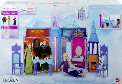 Image of Mattel Disney Frozen Dolls & Doll House, Ultimate Arendelle Adventure Portable Castle (2+ ft) with 3 Fashion Dolls, Olaf Figure & 25+ Accessories