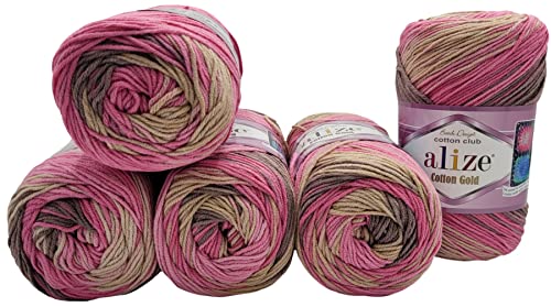 5 x 100g Strickwolle Ilkadim Export Cotton Gold Batik mit 55% Baumwolle, 500 Gramm Wolle mit Farbverlauf mehrfarbig (pink rosa braun beige 7829)