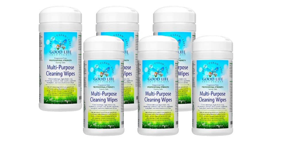 Good Life Solutions Multi-Purpose Cleaning Wipes - Unscented Plant-Based Biodegradable and Durable Cotton Fabric for Most Kitchen and Living Room Surfaces - 6 Canisters per Case