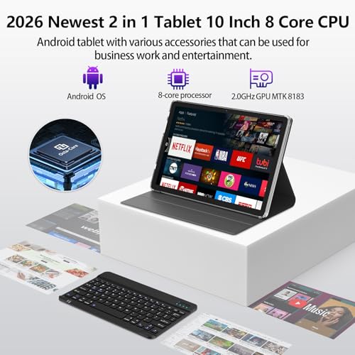 Image of EITOMIN Android Tablet 2026 10 inch Tablet with Keyboard,128GB ROM 16GB RAM TF1TB Expand,Octa-Core,5GWiFi,1080FHD,13MP+8MPCamera,Bluetooth5.0,GPS,Mouse,Case,Black