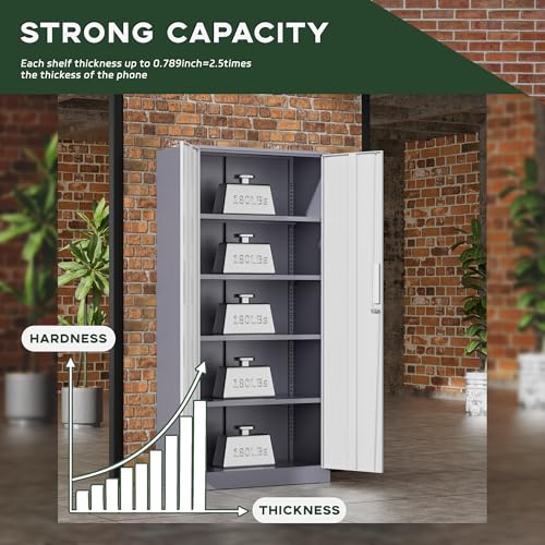 Image of Greenvelly Metal Storage Cabinet, 72 inch Locking Metal Garage Storage Cabinet with Doors and 4 Adjustable Shelves, Lockable Steel Cabinet for Home Office, Garage, Shop, School (White Grey 32 inch W x 16 inch D)