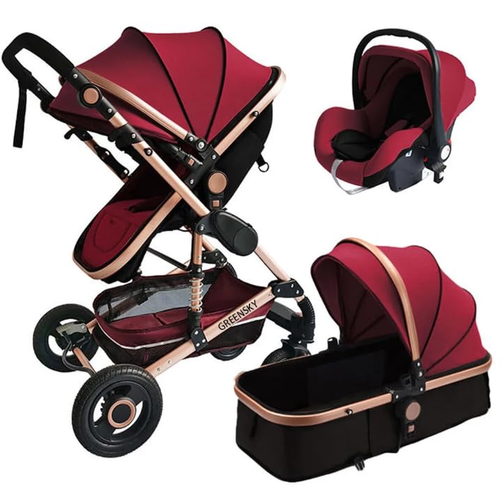 3 in 1 Stroller with Car Seat and Bassinet, Burgundy Red and Rose Gold, Convertible Baby Travel System (RED) Baby Products