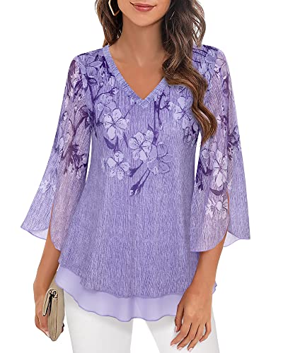 Timeson Ladies Tops and Blouses,Womens Tunic Tops 3/4 Sleeve,Spring Womens Business Casual Tops Dressy Long Shirts to wear with Leggings Loose Fit Fancy Fashion Office Work Clothes Multi- Violet XL