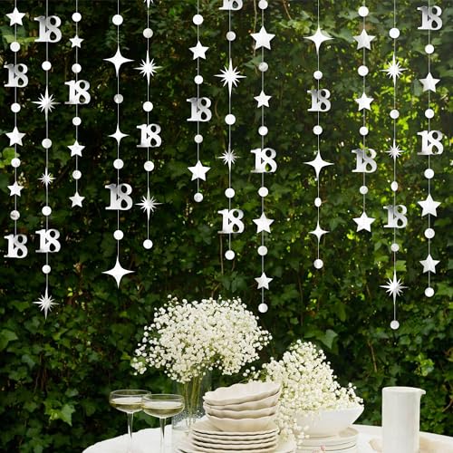 Image of Silver 18th Birthday Decorations Number 18 Circle Dot Twinkle Star Garland Metallic Streamer Banner Backdrop for Girls Boys Happy 18th Birthday Time to Adult Cheers to 18 Years Old Anniversary Party