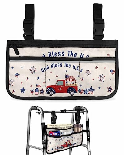 4th of July Wheelchair Side Bag Walker Bag, Independence Day Truck American Star Fireworks Wheelchair Accessories Armrest Pouch, Organizer Storage Bag for Walkers, Rollators, 7.3''x13''
